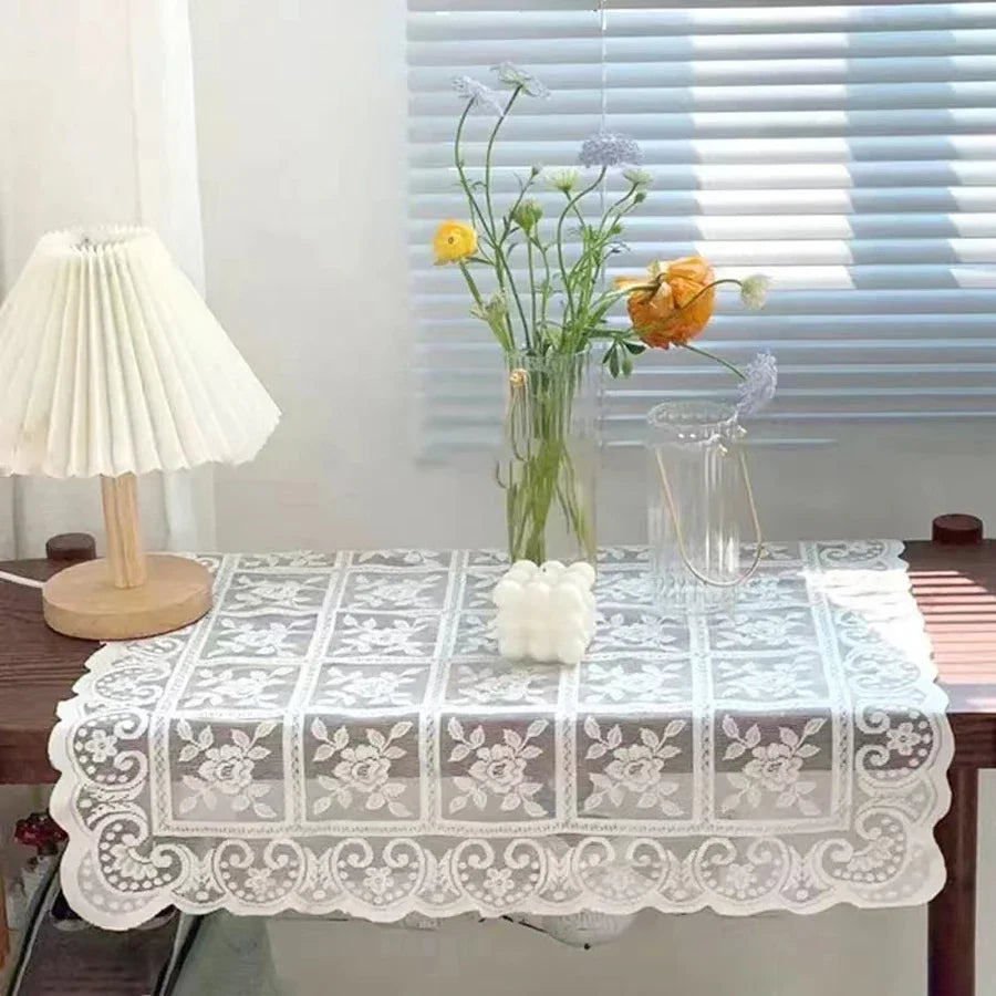 Antique Embroidered Lace Tablecloth Elegant Flower Cut Polyester Table Cover for Dining Table Holiday Decor