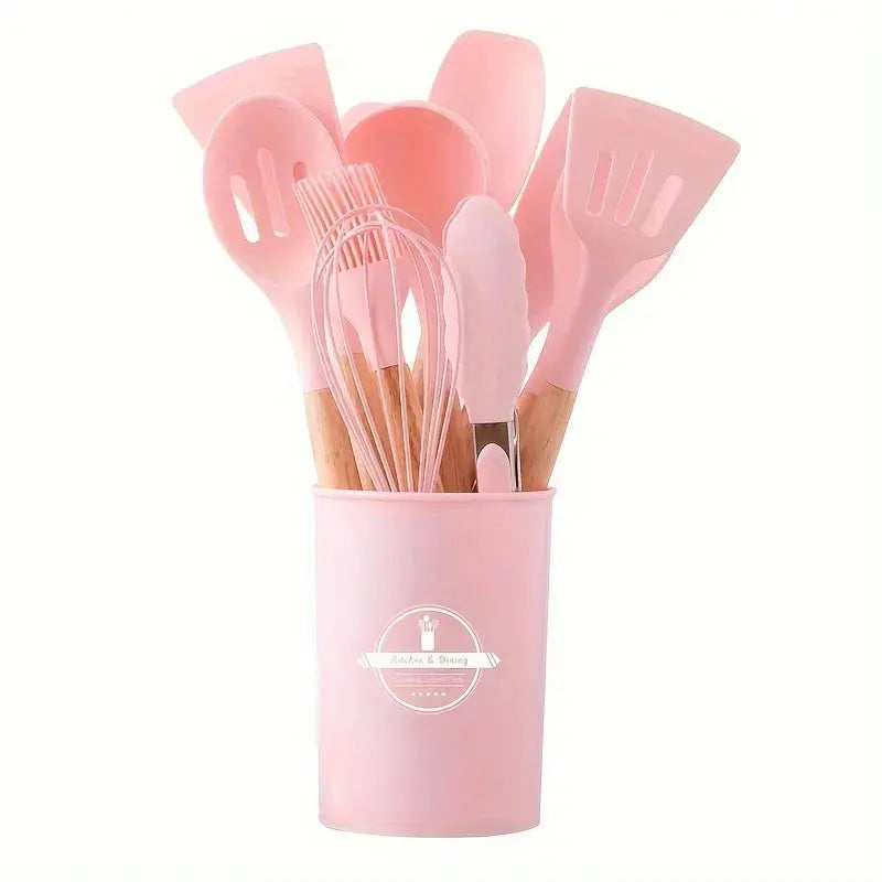 12 Piece Silicone Kitchen Utensils Set with Wooden Handles Non Stick Heat Resistant Cooking Tools