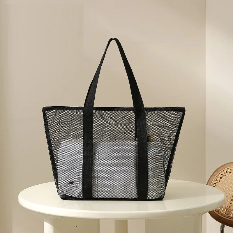 Transparent Mesh Cosmetic Tote Bag with Portable Design for Travel Beach Bathroom and Toiletry Storage