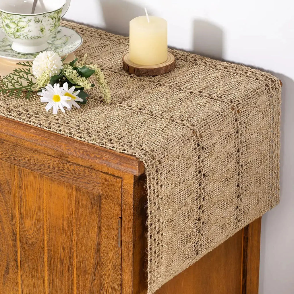 Rustic Burlap Macrame Table Runner for Coffee Table and Dining Decor