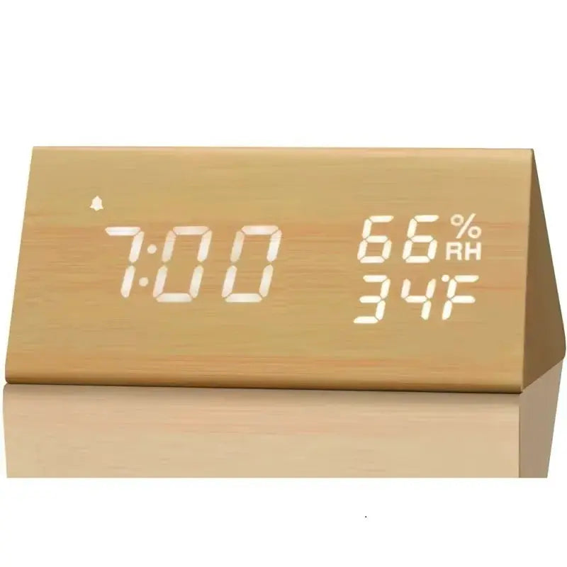 Wooden LED Alarm Clock with USB Charger Temperature Display