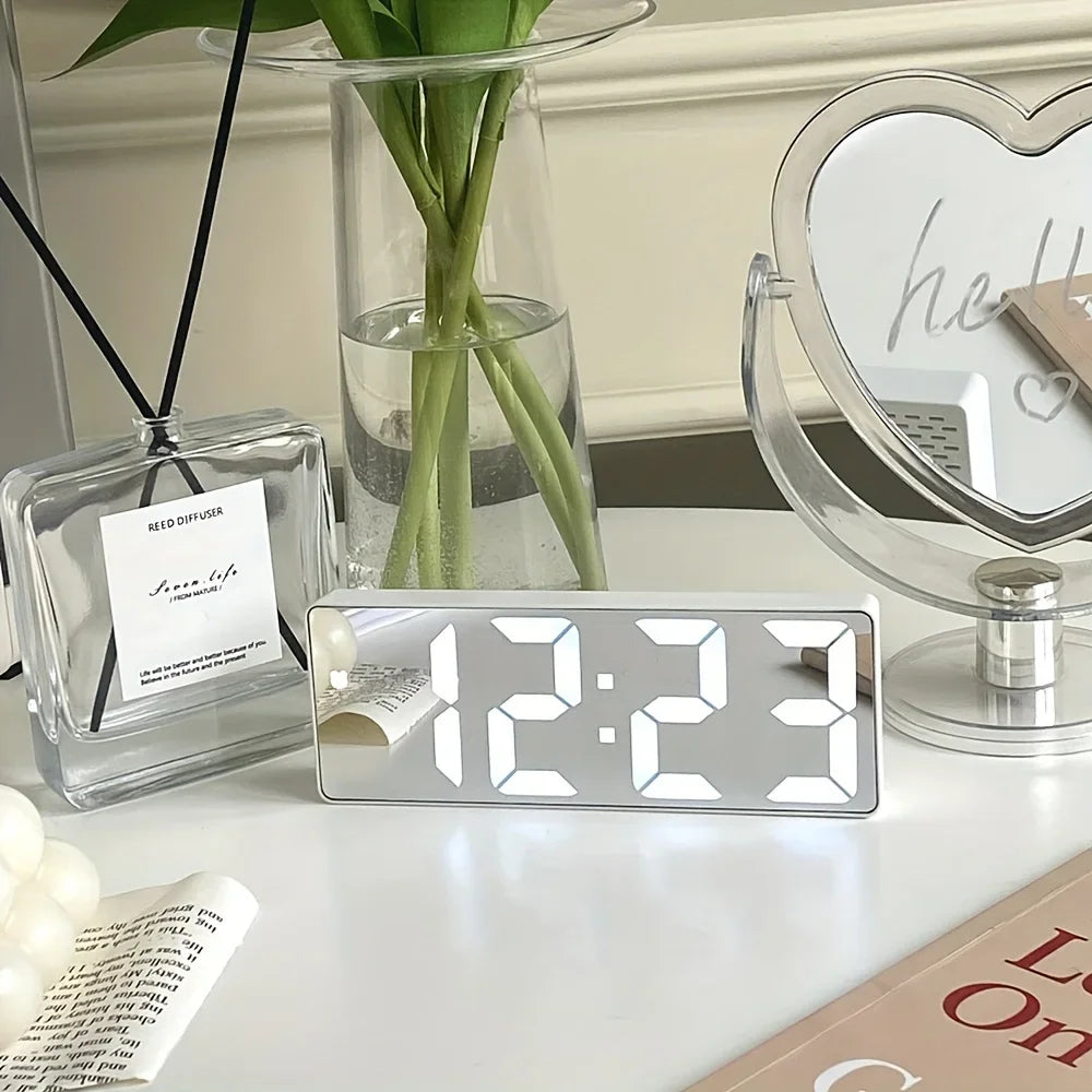 Digital LED Mirror Alarm Clock with Temperature Display and Dual Power Modes for Bedroom and Desk Use