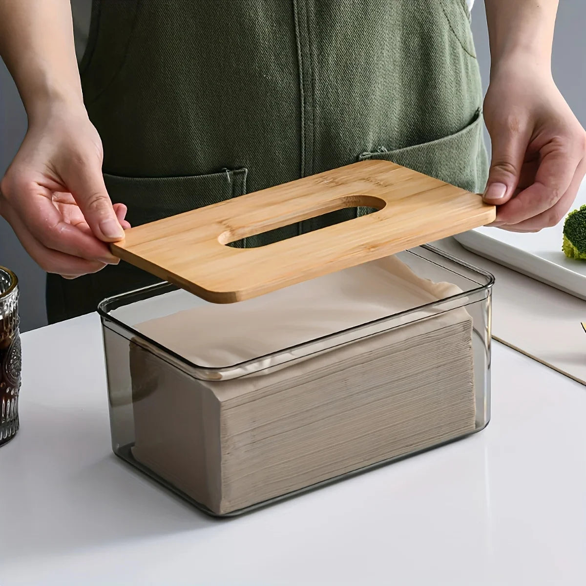 Transparent Tissue Box Holder with Bamboo Lid for Living Room, Bedroom, Office, and Bathroom Storage