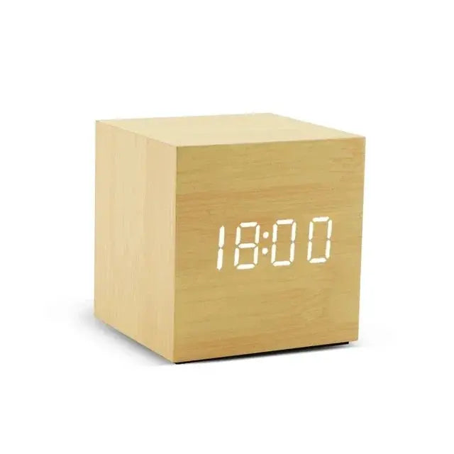 Wooden LED Digital Alarm Clock with Temperature Display and Sound Control for Desktop and Bedside Use