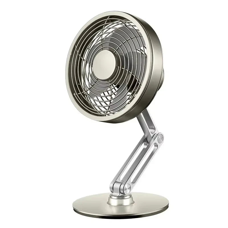 USB Rechargeable Aluminum Mini Fan with 360° Rotation, Foldable Stand and 3 Speed Control for Desktop and Travel