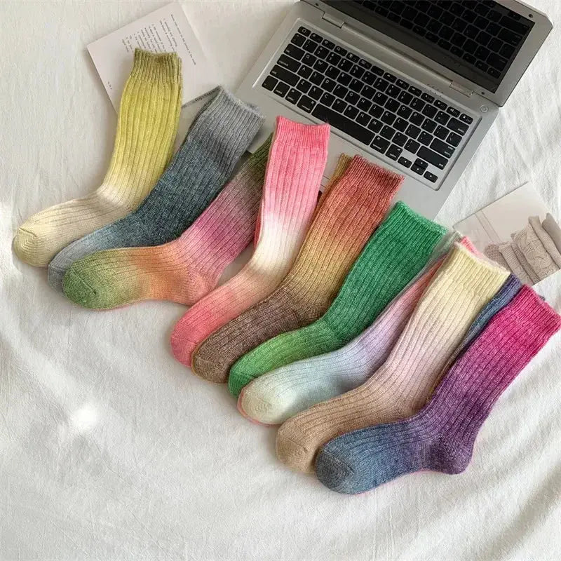 Gradient Wool Cashmere Long Knit Socks for Women with Thick Thermal Knit for Autumn and Winter Wear