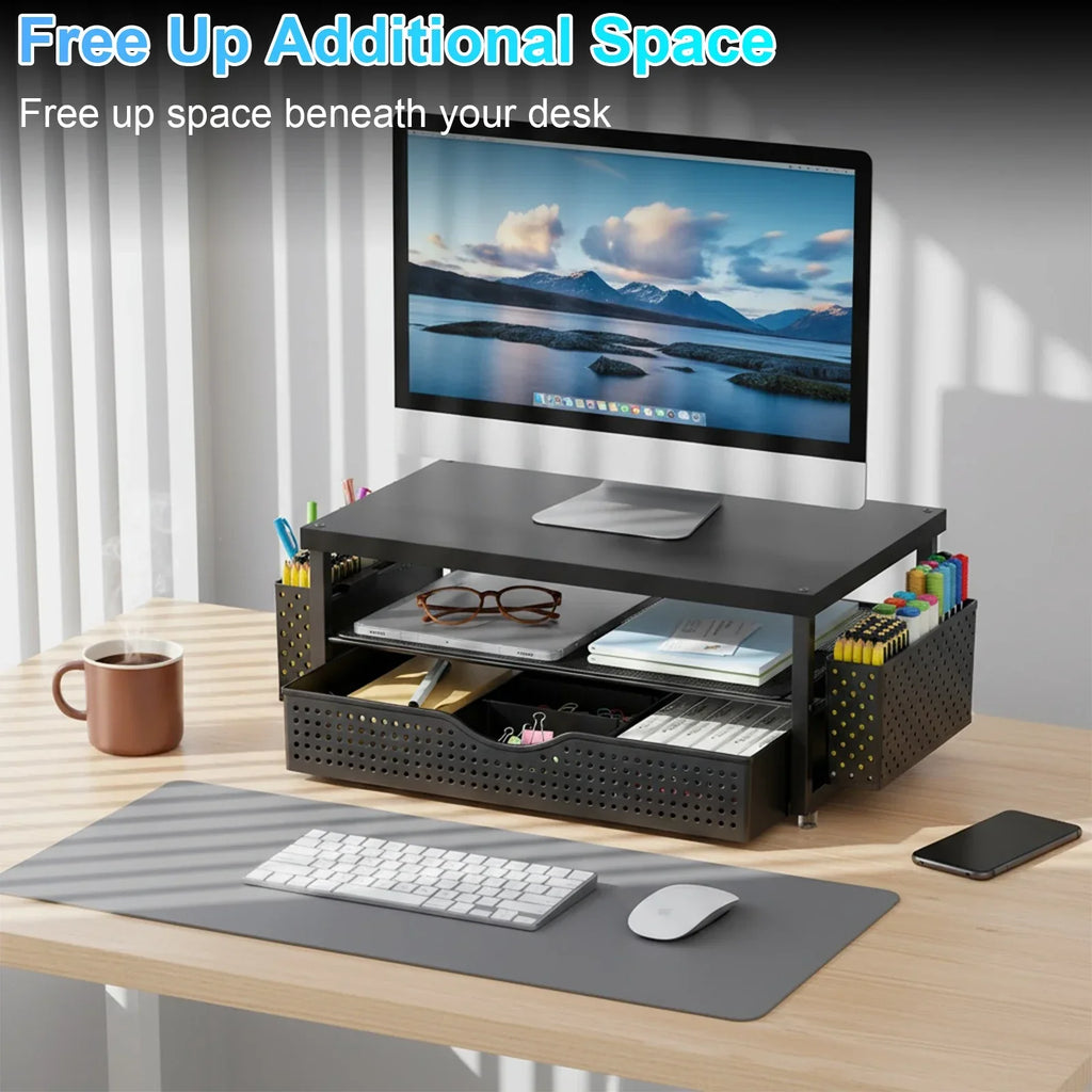 Wood Monitor Stand Riser with Drawer and Pen Holders for Office Desk Storage