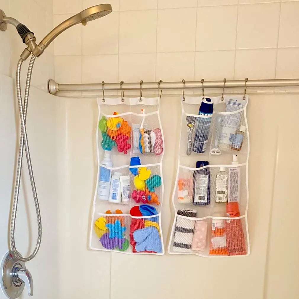 Hanging Mesh Shower Organizer Bag with Multiple Storage Pockets for Bathroom Travel Dorm and Camping Use (3 Hooks Included)
