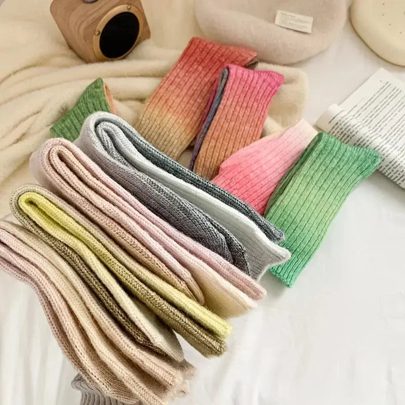 Gradient Wool Cashmere Long Knit Socks for Women with Thick Thermal Knit for Autumn and Winter Wear