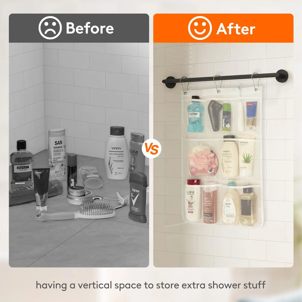 Hanging Mesh Shower Organizer Bag with Multiple Storage Pockets for Bathroom Travel Dorm and Camping Use (3 Hooks Included)
