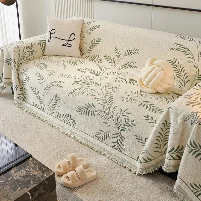 Four-Season Chenille Jacquard Leaf Sofa Cover with Full Non-slip Design and Scratch-Resistant Texture