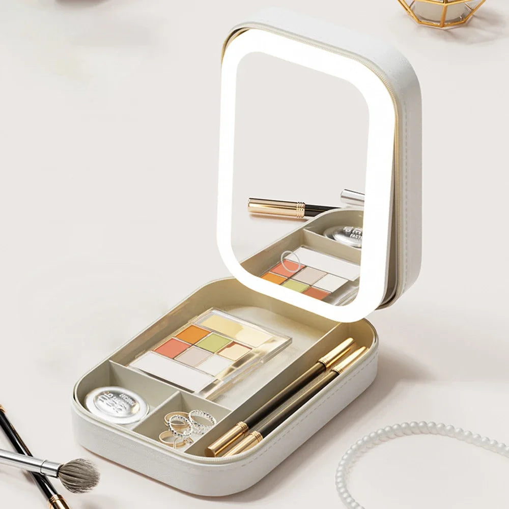 LED Makeup Case with Portable Mirror and Large Capacity Storage for Travel Beauty Organization (7×5×2" /16.5×11.5×6cm)