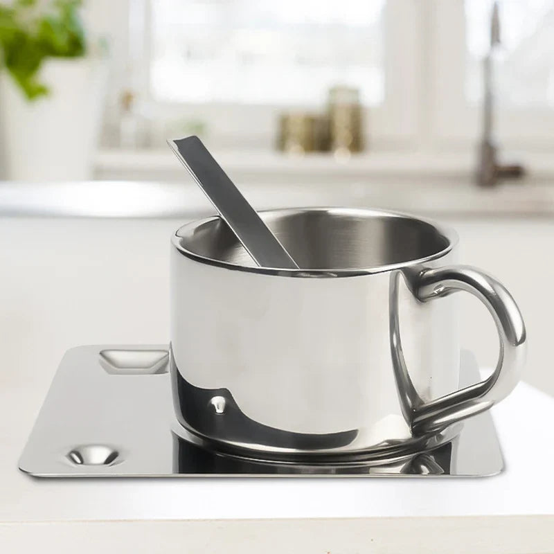 Stainless Steel Teacup Set with Saucer and Spoon for Coffee Tea Serving and Gift Use
