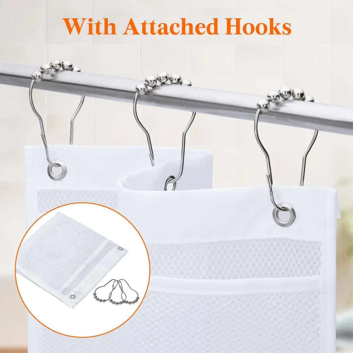 Hanging Mesh Shower Organizer Bag with Multiple Storage Pockets for Bathroom Travel Dorm and Camping Use (3 Hooks Included)