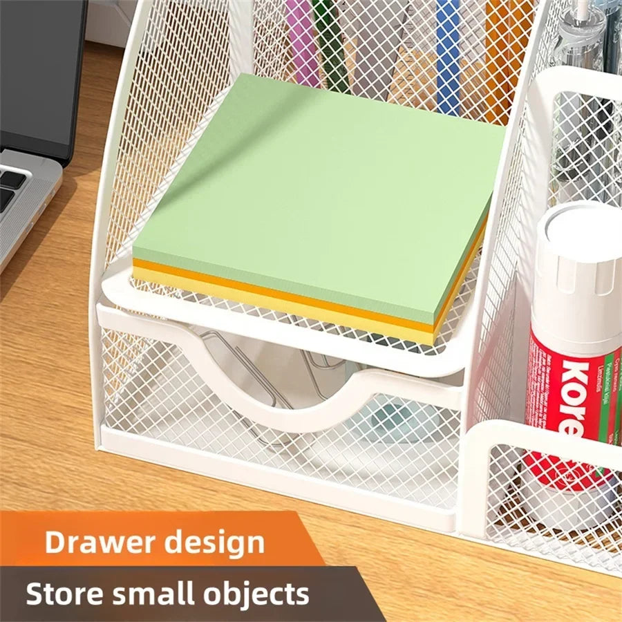 Metal Stationery Holder with 7 Compartments and Drawer for Office Supplies and Desktop Storage