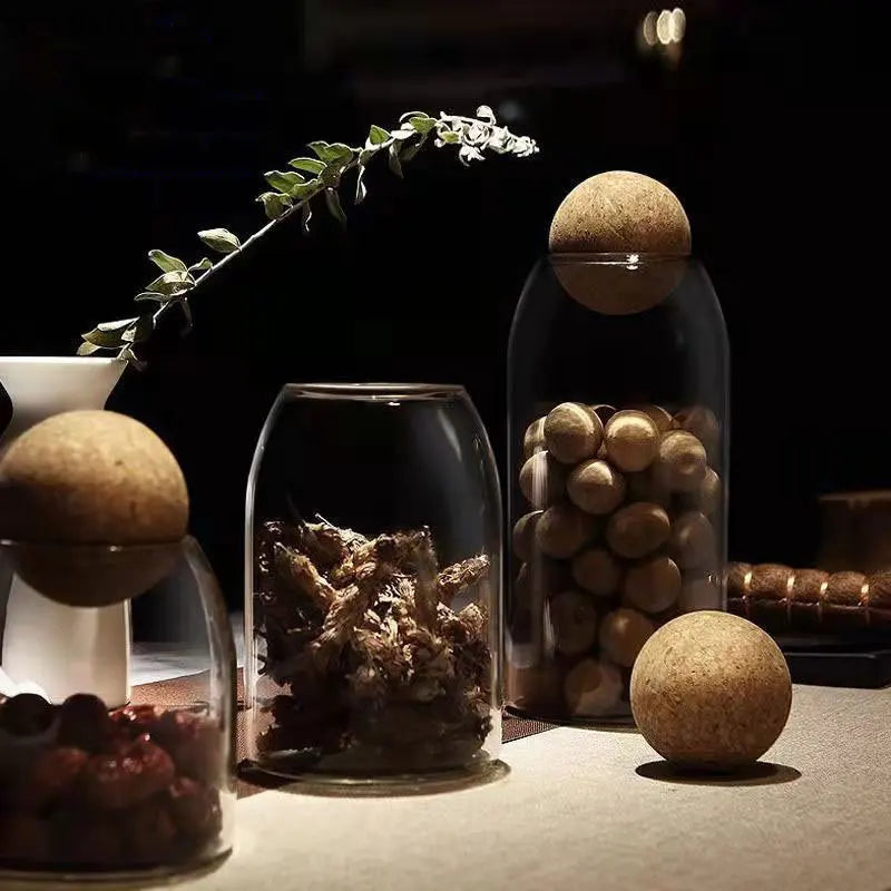 Round Cork Glass Jar with Sealed Display Design for Tea Coffee Beans Dried Flowers and Pantry Storage
