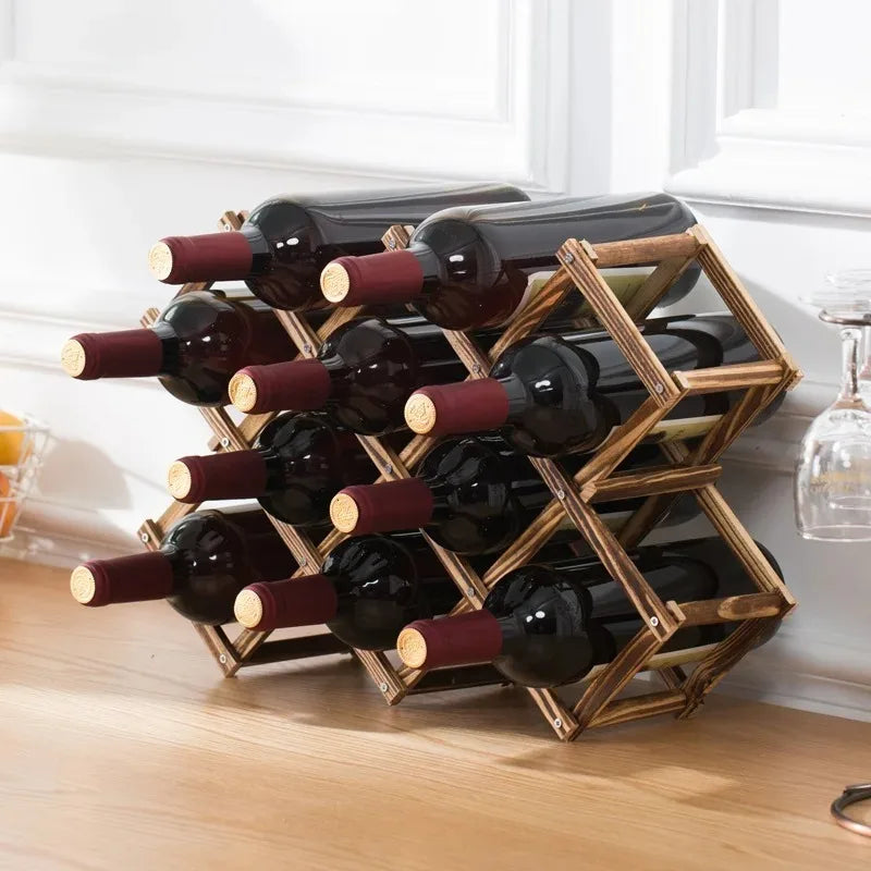 Foldable Wooden Wine Rack with Stackable Countertop Design for Standard Bottles and Home Bar Storage