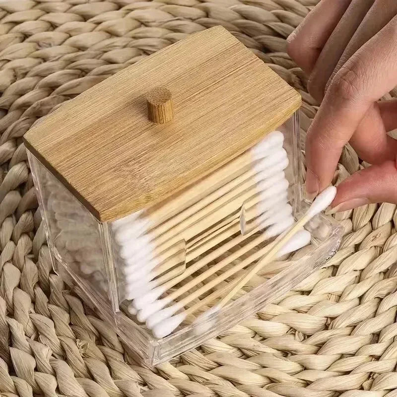Cotton Swab Storage Box with Bamboo Lid Transparent Square Container for Bathroom Vanity and Toothpick Organization