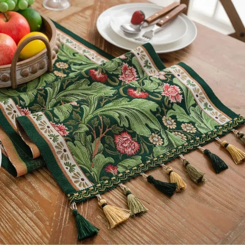 Jacquard Plant Table Runner with Tassels for Dining Table Decor