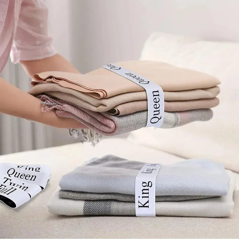 Elastic Bed Sheet Organizer Bands with Size Labels for Linen Closet Storage