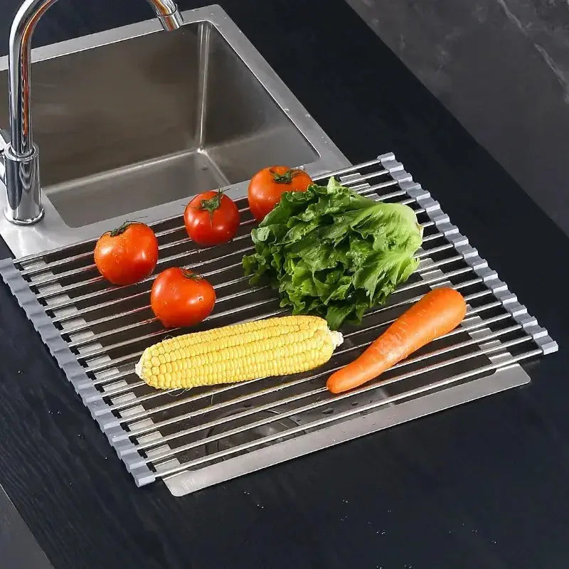 Over The Sink Roll Up Dish Drying Rack Stainless Steel Foldable Drainer 18x9 Inch