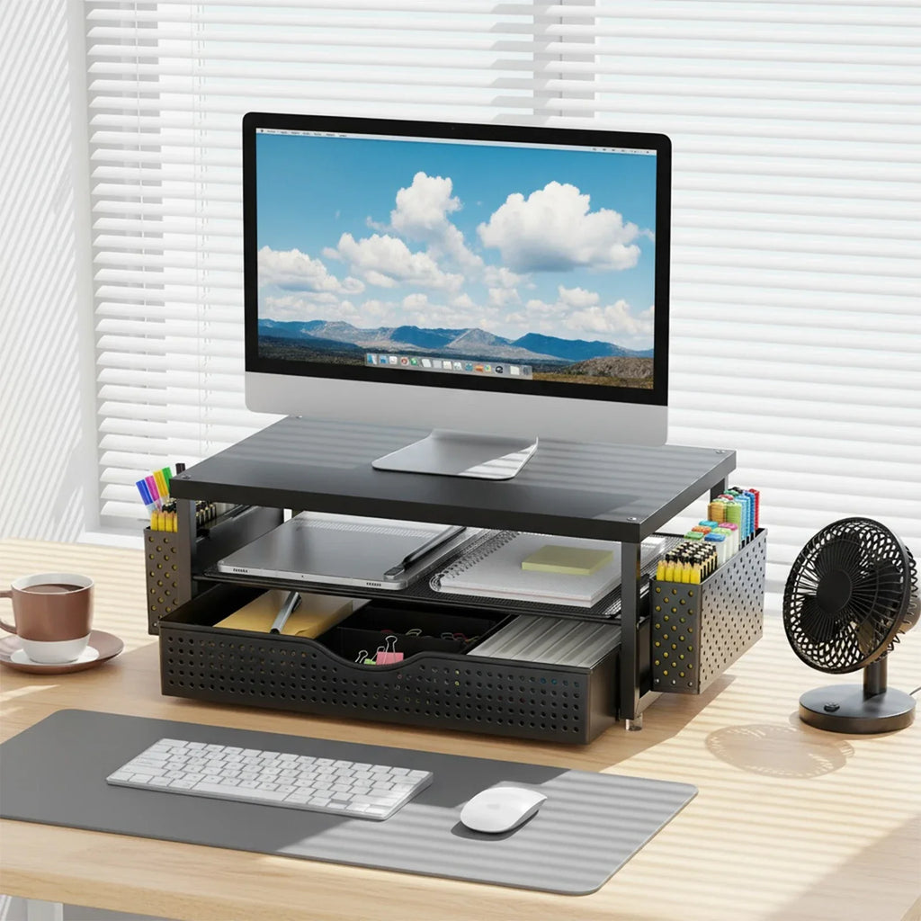 Wood Monitor Stand Riser with Drawer and Pen Holders for Office Desk Storage