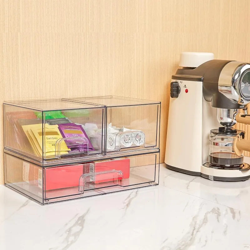 Stackable Storage Drawer Set Clear Plastic Organizer Bins for Vanity Bathroom Cabinet and Countertop Storage