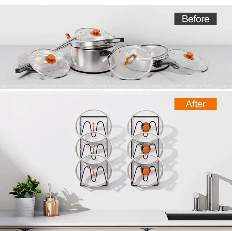 2 Pcs Wall Mounted Pot Lid Rack No Drill Kitchen Storage Organizer for Pan Lid and Cover Holding