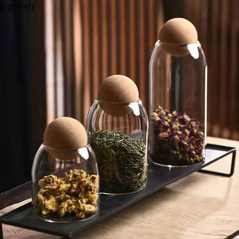 Round Cork Glass Jar with Sealed Display Design for Tea Coffee Beans Dried Flowers and Pantry Storage