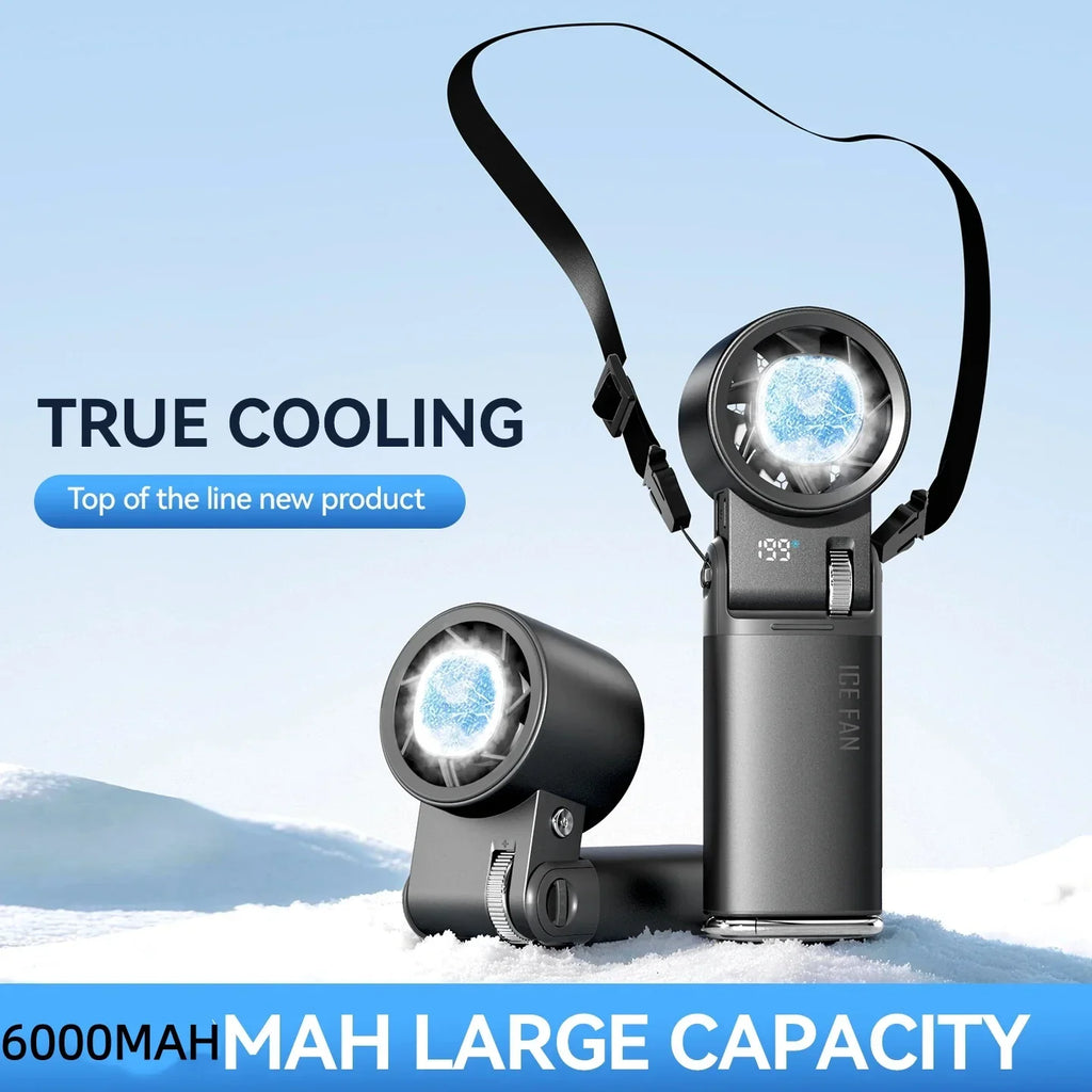 Portable Handheld Fan with Semiconductor Cooling Plate, 6000mAh Battery and Foldable Neck Design for Travel and Outdoor Use
