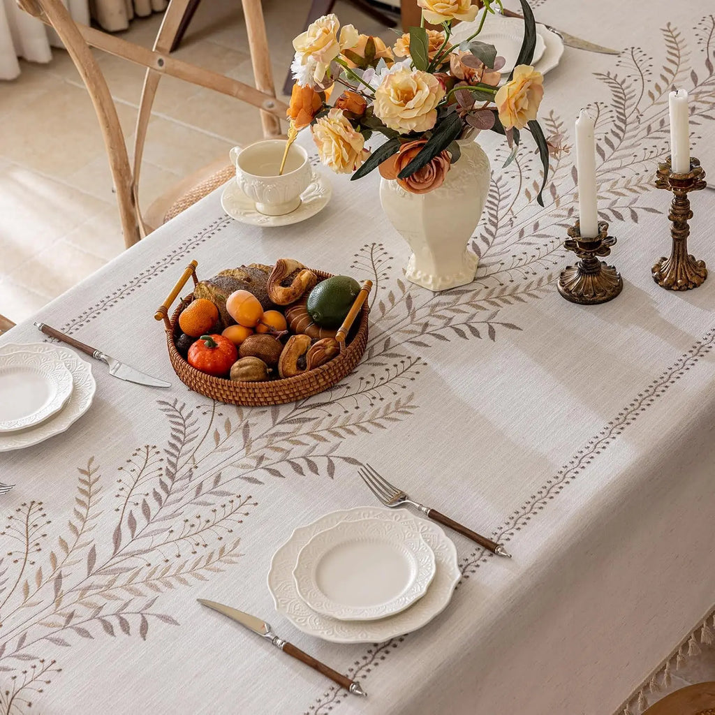 Linen Style Embroidered Tablecloth Waterproof Wrinkle Resistant Rectangle Cover for Dining Room and Outdoor Use
