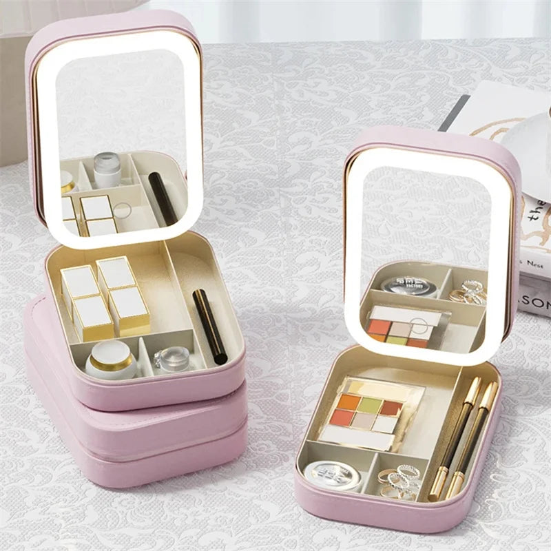 LED Makeup Case with Portable Mirror and Large Capacity Storage for Travel Beauty Organization (7×5×2" /16.5×11.5×6cm)
