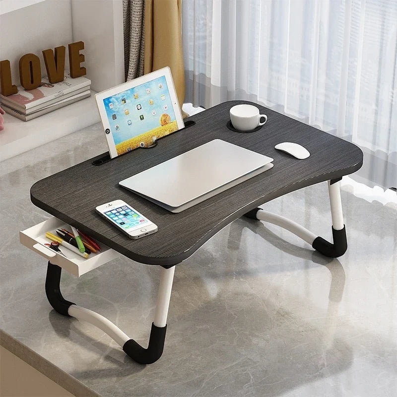 Folding Mini Table with Cup Holder, Bed Tray, and Tablet Stand for Laptop Use, Study, or Bedside Activities