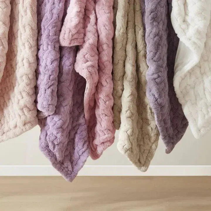 Faux Fur Throw Blanket with Double Sided Ruched Texture for Cozy Everyday Home Use