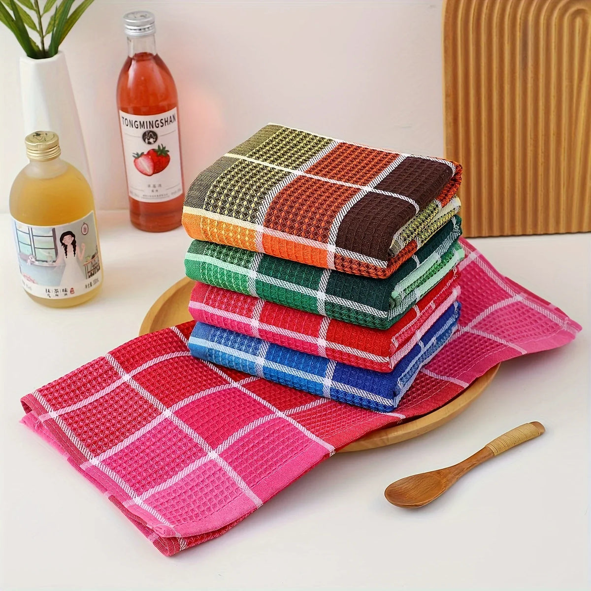 Set of Durable, Highly Absorbent Kitchen Cloths in Green, Pink, Blue, and Yellow for Dishwashing, Scouring, and Everyday Cleaning