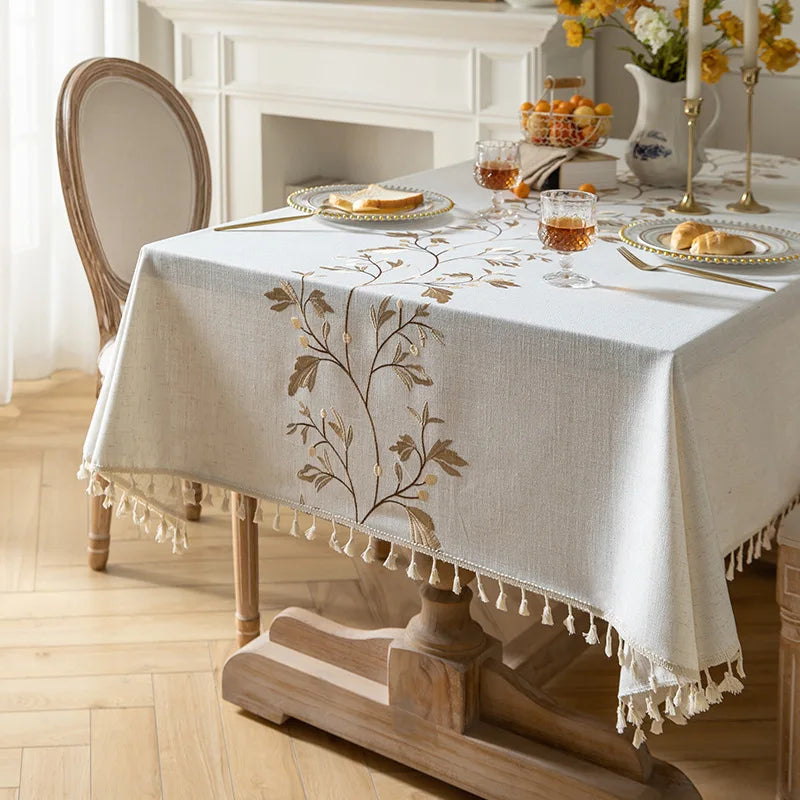 Linen Style Embroidered Tablecloth Waterproof Wrinkle Resistant Rectangle Cover for Dining Room and Outdoor Use