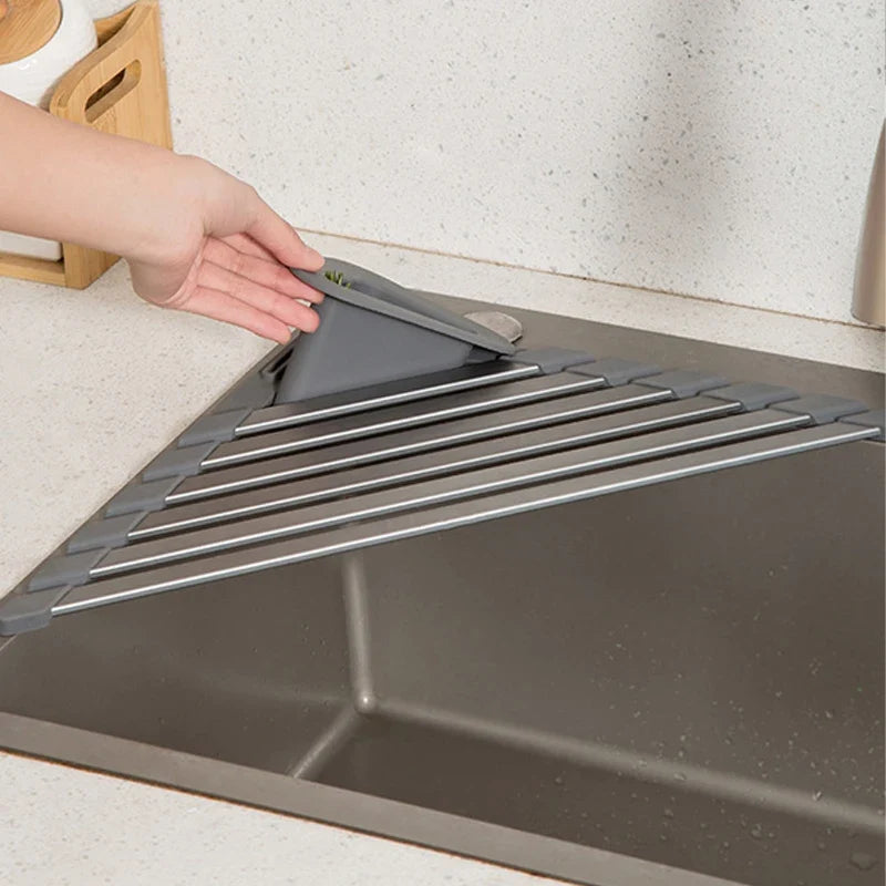 Silicone Triangular Sink Drain Rack with Folding Design for Kitchen Sponge and Utensil Storage