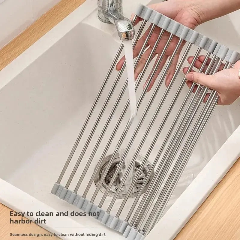 Over The Sink Roll Up Dish Drying Rack Stainless Steel Foldable Drainer 18x9 Inch