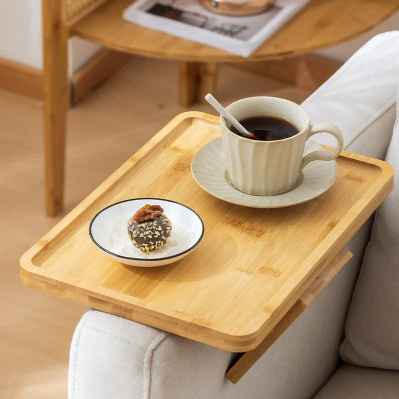Foldable Sofa Armrest Tray with Clip On Design for Snacks Drinks and Living Room Use