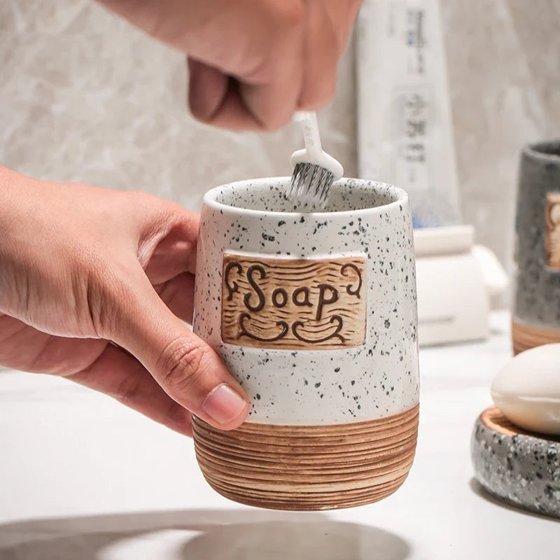 Ceramic Bathroom Accessory Set with Lotion Dispenser Cup Soap Dish and Countertop Holder