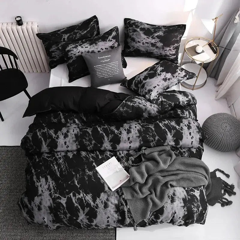 Dark Marble Print Duvet Cover Set with Zipper Closure and Matching Shams for Modern Bedroom Styling