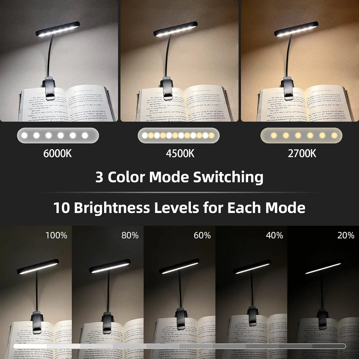 Rechargeable Book Lamp with Clip-On Flexible LED Design for Reading and Portable Lighting