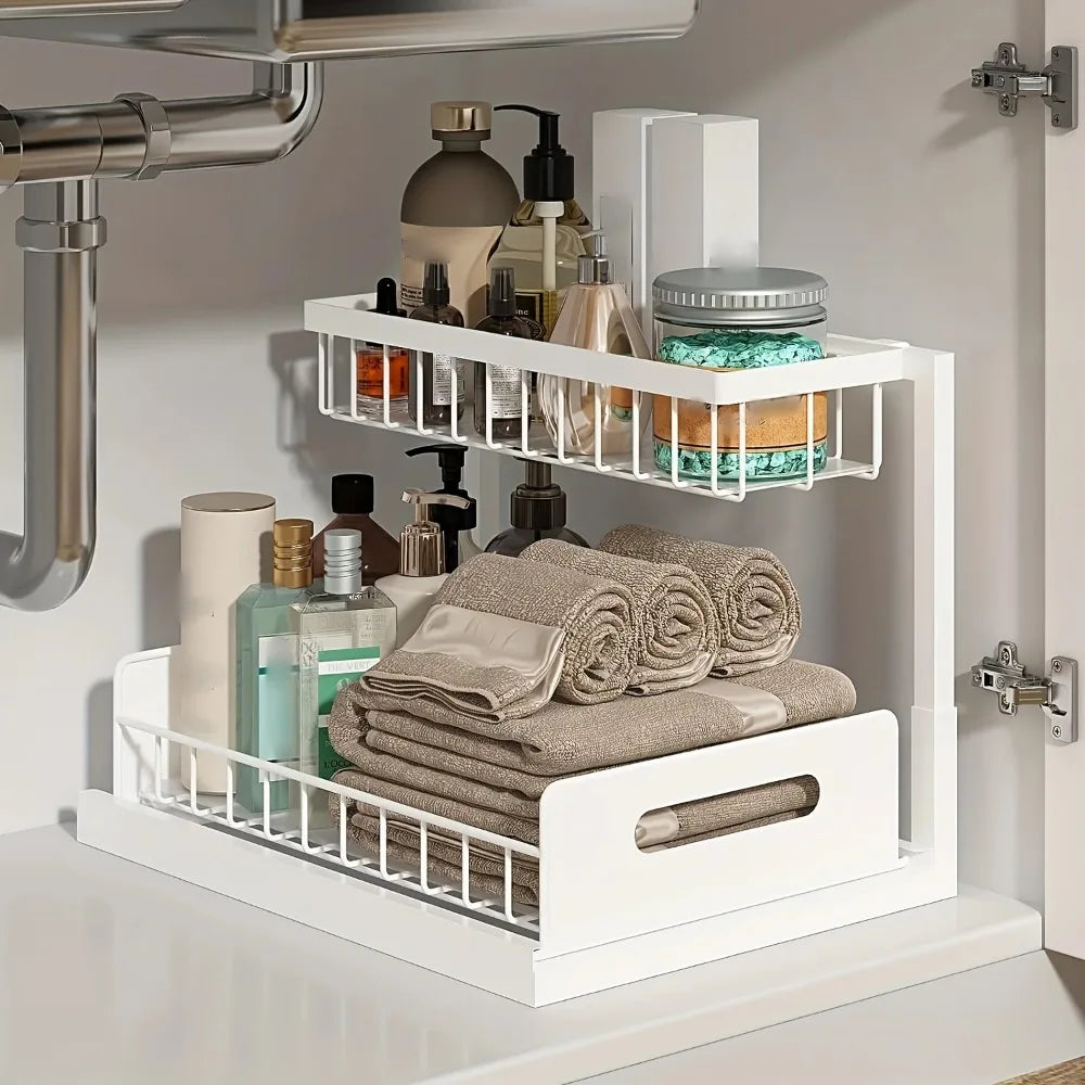 Double Layer Under Sink Organizer with Pull Out Sliding Shelf Design for Kitchen and Bathroom Storage