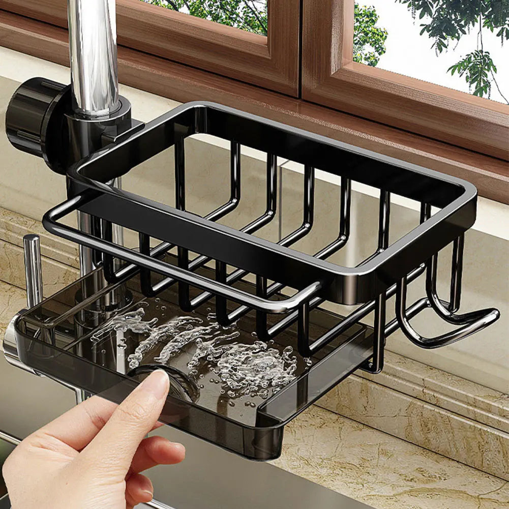 Aluminum Sink Drain Rack with Detachable Faucet Mounted Design for Kitchen Sponge and Soap Storage