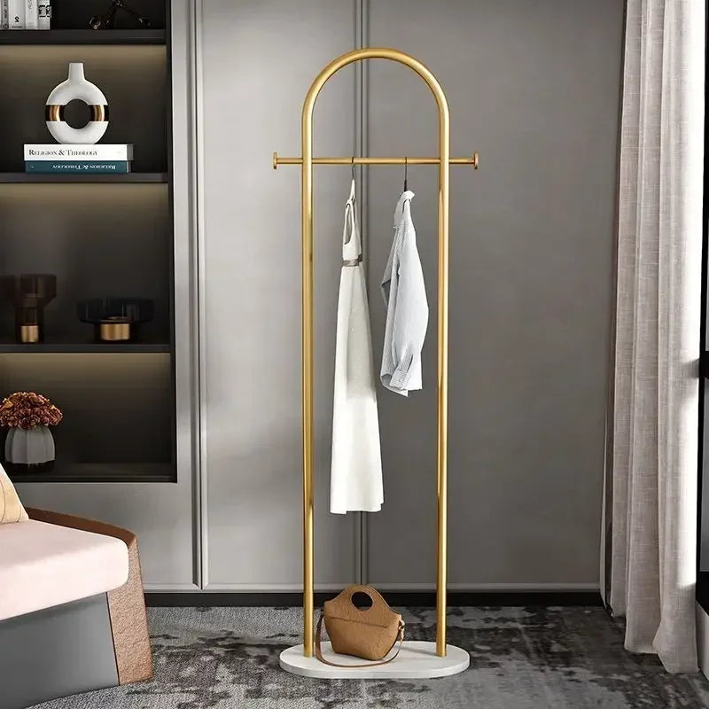 Metal Free-Standing Clothes Hanger with Marble Base, Minimalist Bedroom Coat Rack with Storage Shelf for Garments and Accessories