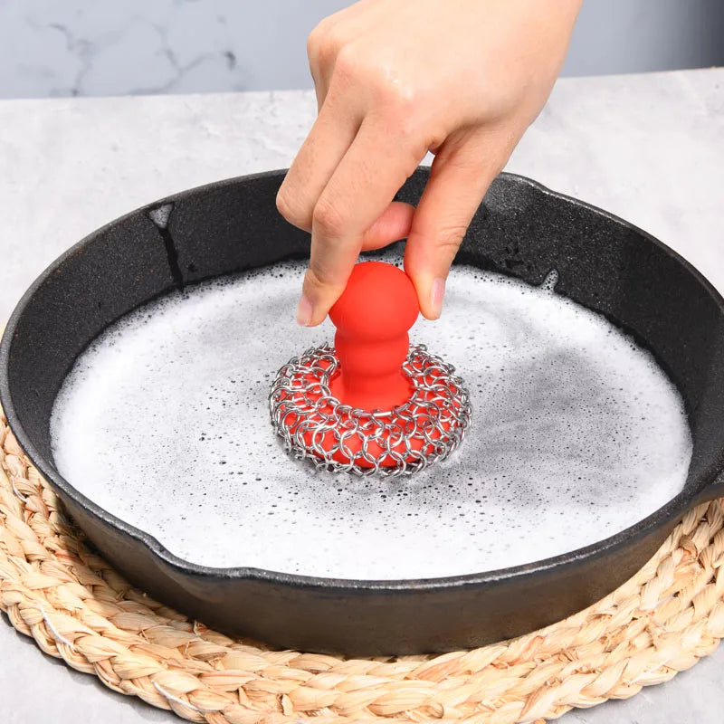 Cast Iron Cleaner Scrubber with Chain Mail Sponge, Silicone Handle, and Pan Scraper for Skillet Grill and Dutch Oven