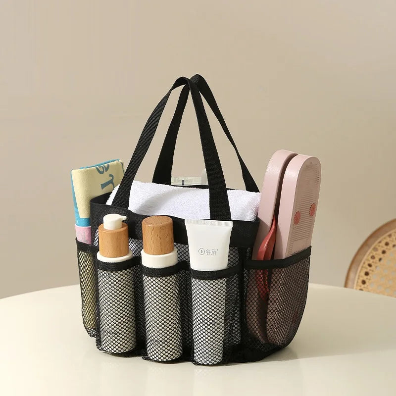 Transparent Mesh Cosmetic Tote Bag with Portable Design for Travel Beach Bathroom and Toiletry Storage