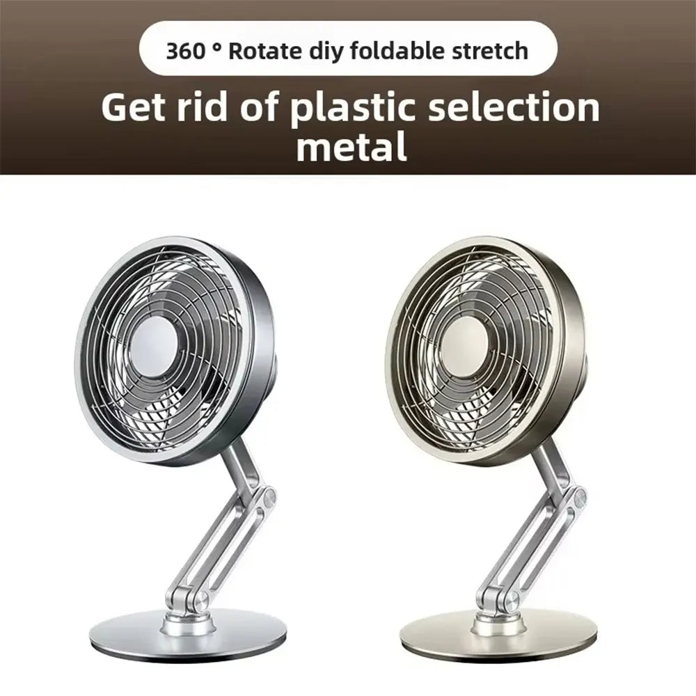 USB Rechargeable Aluminum Mini Fan with 360° Rotation, Foldable Stand and 3 Speed Control for Desktop and Travel