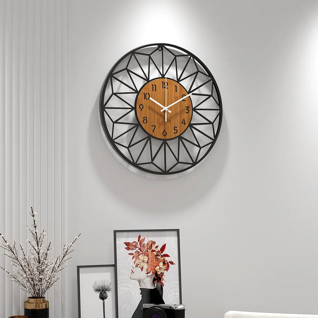 Geometric Metal Wall Clock with Hollow Frame and Simulated Wood Grain Dial for Living Room Decor