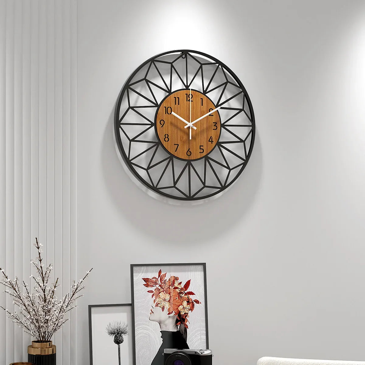 Geometric Metal Wall Clock with Hollow Frame and Simulated Wood Grain Dial for Living Room Decor